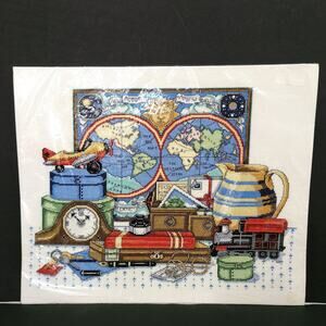 Handmade Cross Stitch World Traveler Map Train Airplane Travel Needlework Art